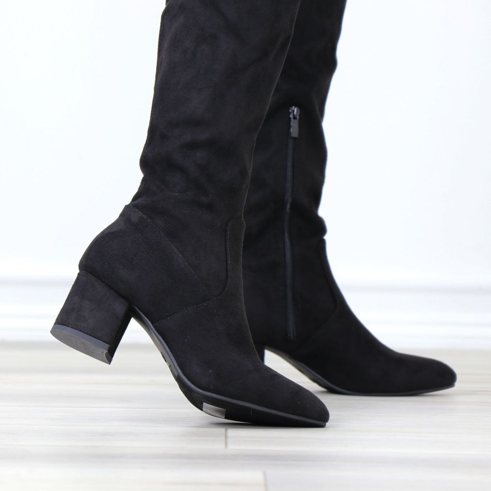 Black Faux Suede Pointy Toe Thigh High Over The Knee Low Block Heel Boots_7